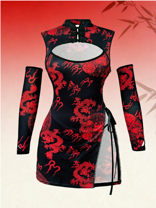 Vestido con cuello de cheongsam, botones laterales y abertura, cintura con lazo ( No incluye Abanico)