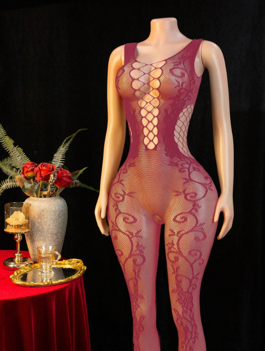 1 pieza Bodystocking de mujer floral, transparente y sexy de red