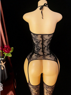 Mono para adultos con recortes, medias de rejilla, vestido ajustado con cordones.